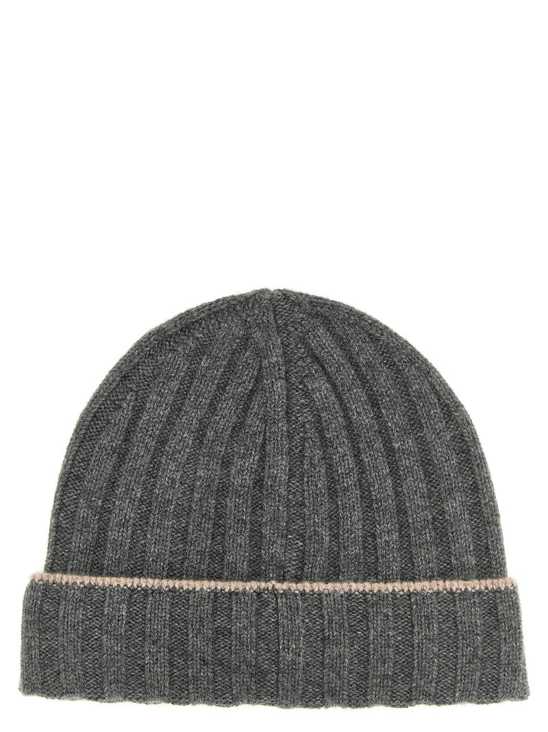 Brunello Cucinelli Ribbed Cashmere Beanie — Grey Winter Hats