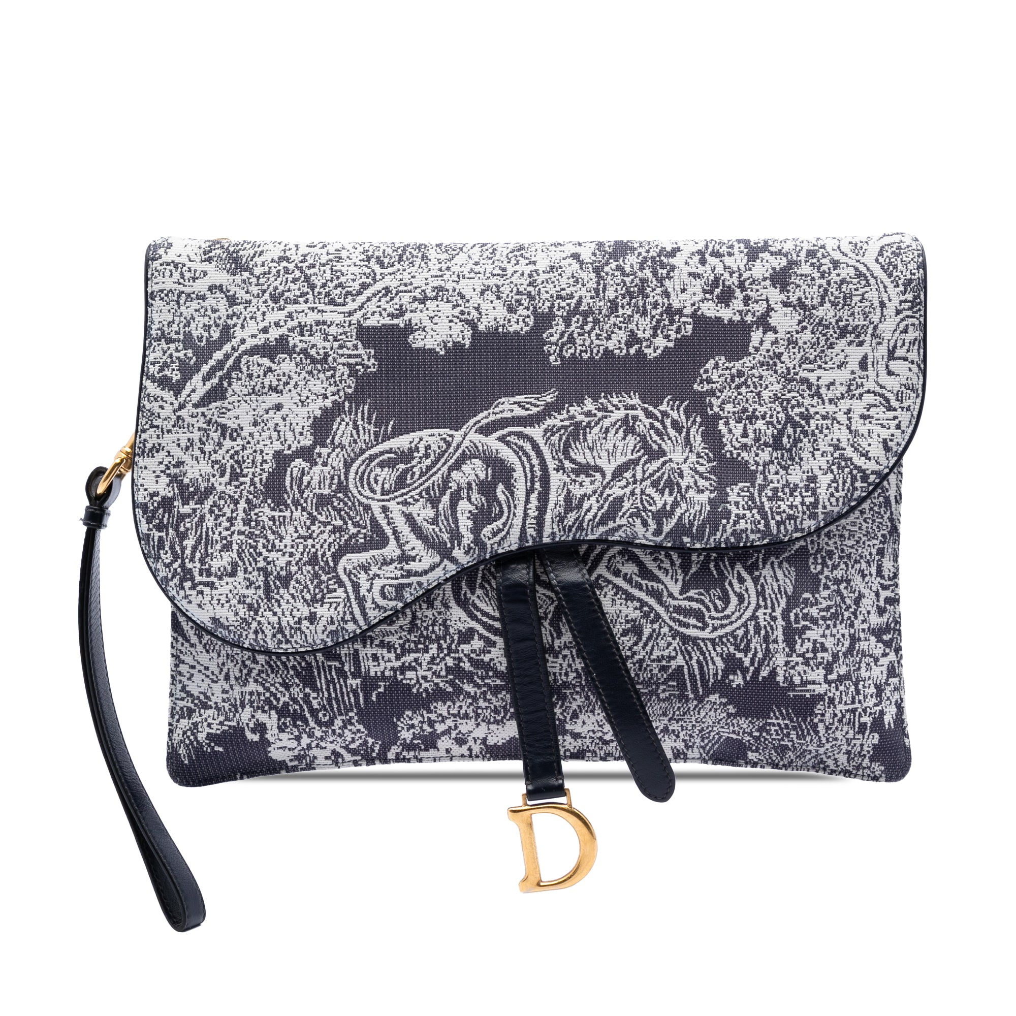 Canvas Embroidered Reverse Toile De Jouy Saddle Pouch - Image 1