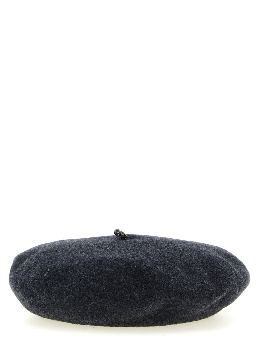 Brunello Cucinelli Monile-Embellished Wool Beret — Anthracite Pure Berets