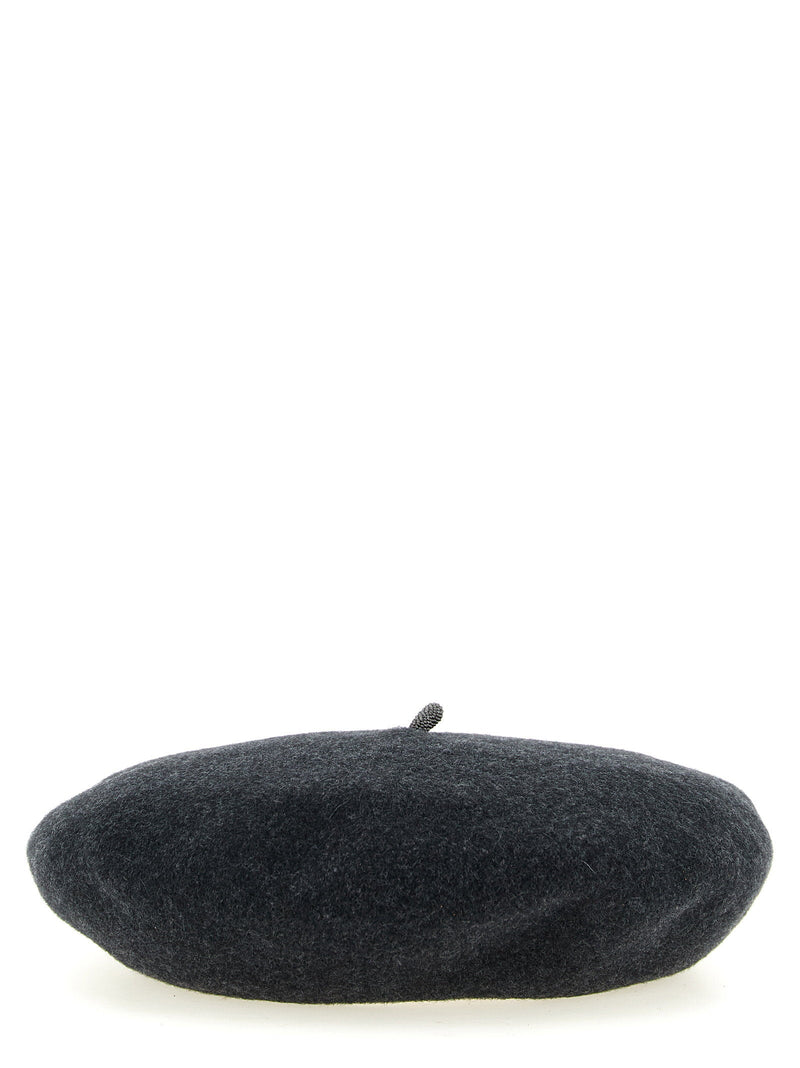 Brunello Cucinelli Monile-Embellished Wool Beret — Anthracite Pure Berets