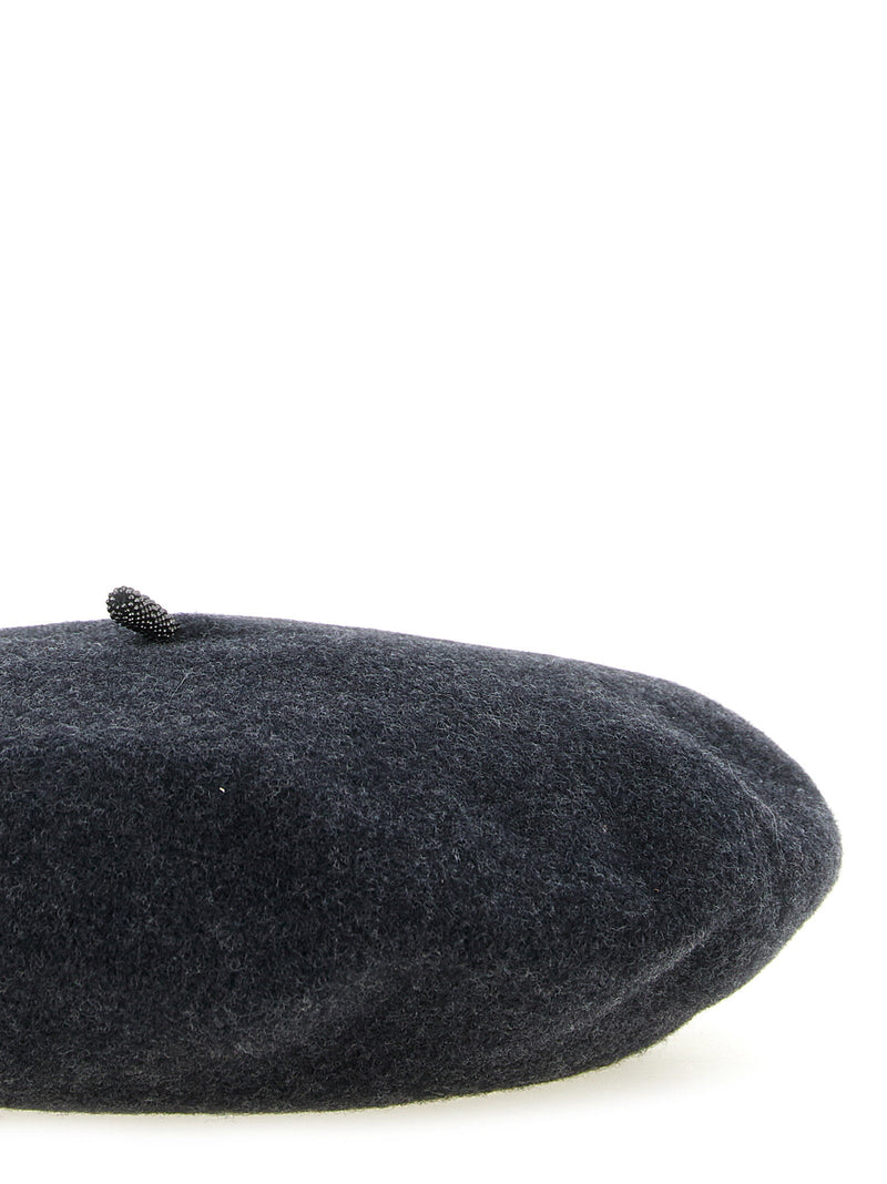 Brunello Cucinelli Monile-Embellished Wool Beret — Anthracite Pure Berets