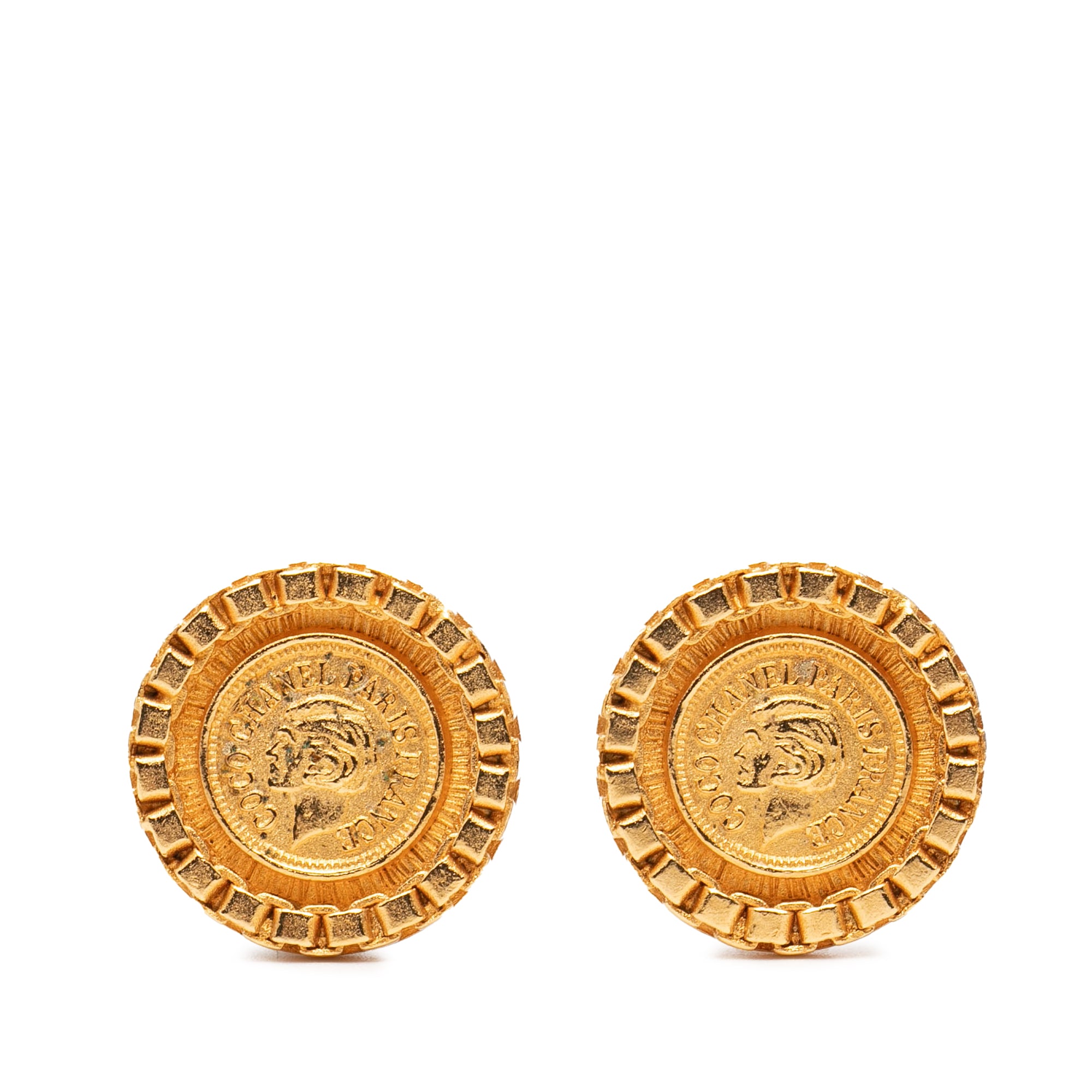 Gold Plated Coco Coin Motif Clip On Earrings - Image 1