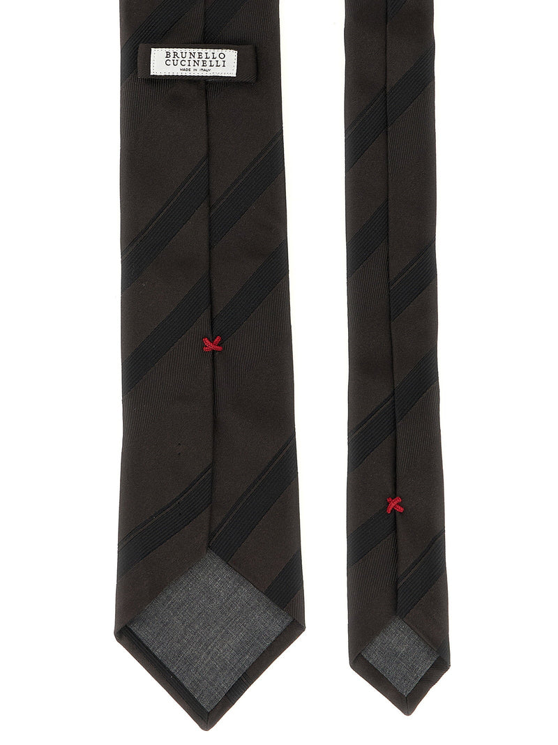 Brunello Cucinelli Regimental Silk Necktie — Brown Pure Neckties