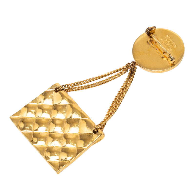 CC Gold Plated Quilted Flap Bag Medallion Brooch - Image 2