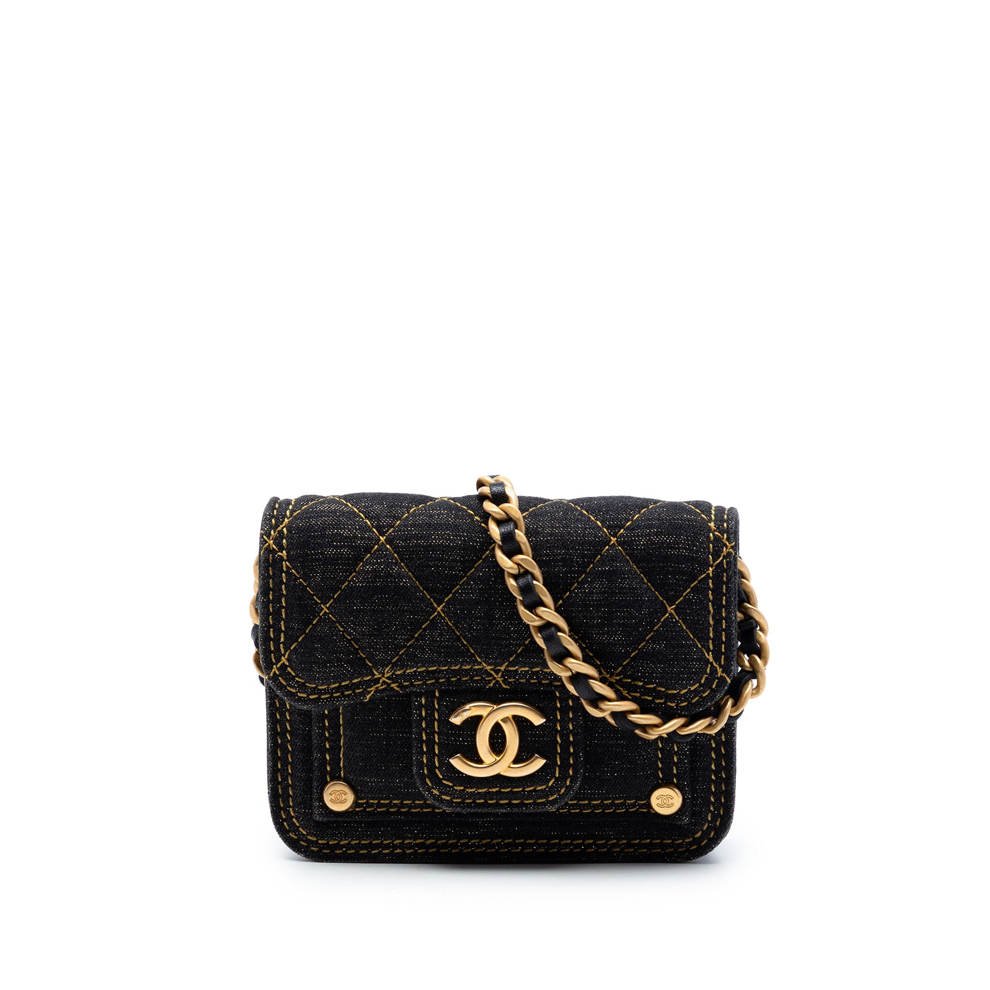 Mini Quilted Denim Double You Card Holder with Chain - Image 1