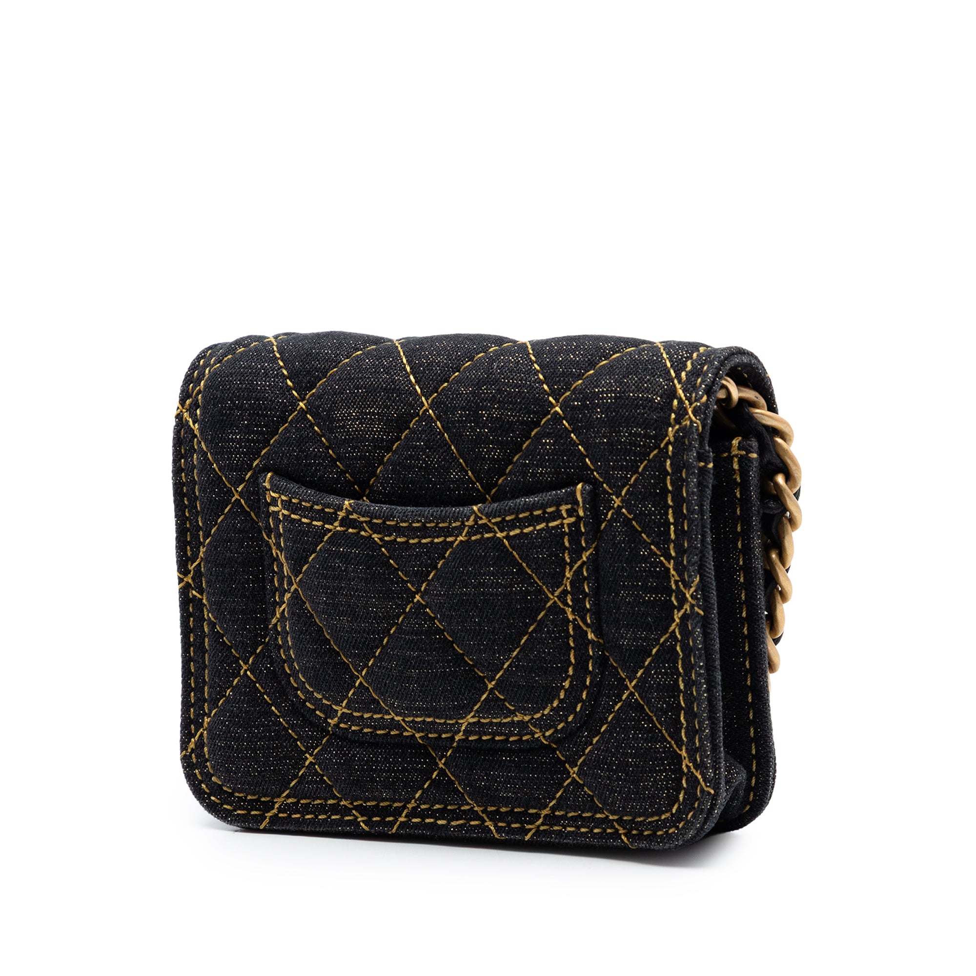 Mini Quilted Denim Double You Card Holder with Chain - Image 2