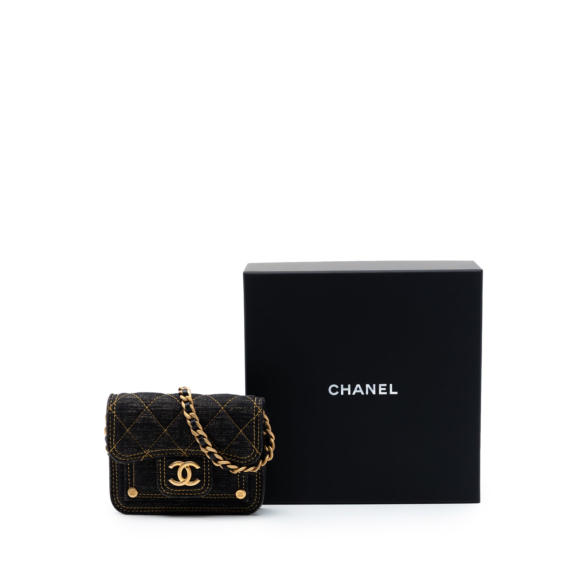 Mini Quilted Denim Double You Card Holder with Chain - Image 7