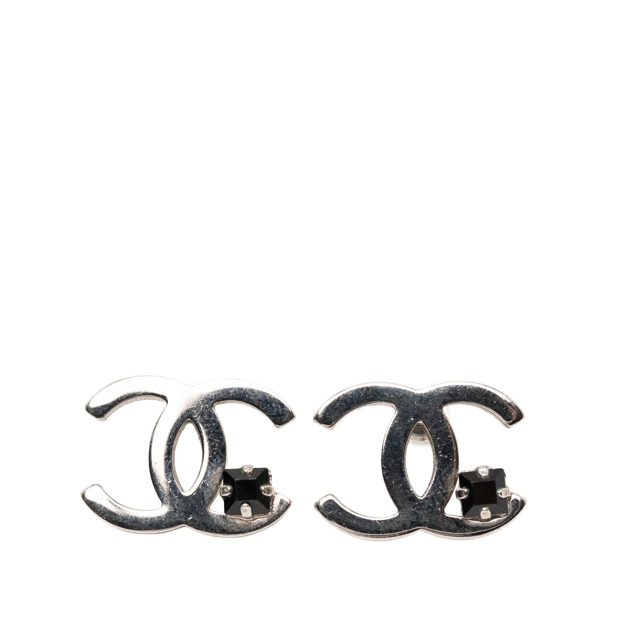 Silver Plated CC Rhinestone Push Back Earrings - Image 1