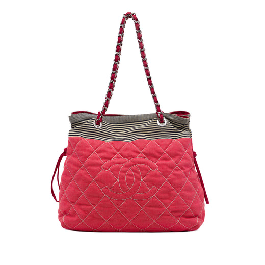 CC Quilted Denim Grosgrain Drawstring Tote - Image 1