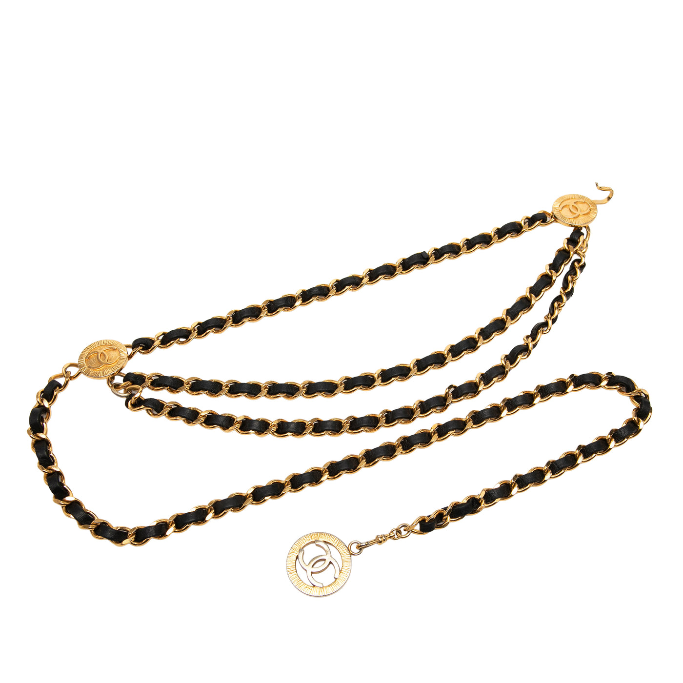 CC Gold Plated Leather Woven Medallion Triple Chain Belt - Image 1