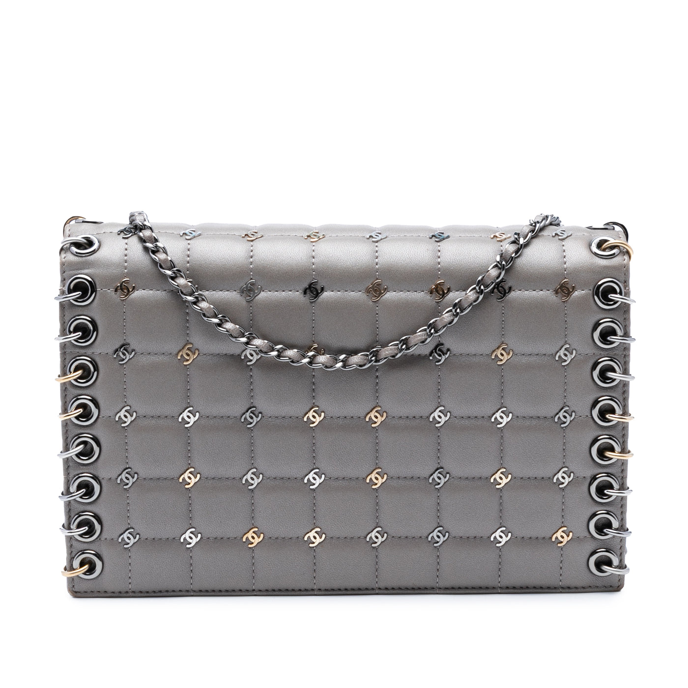 Small Lambskin Chocolate Bar CC Piercing Studded Chain Flap - Image 1
