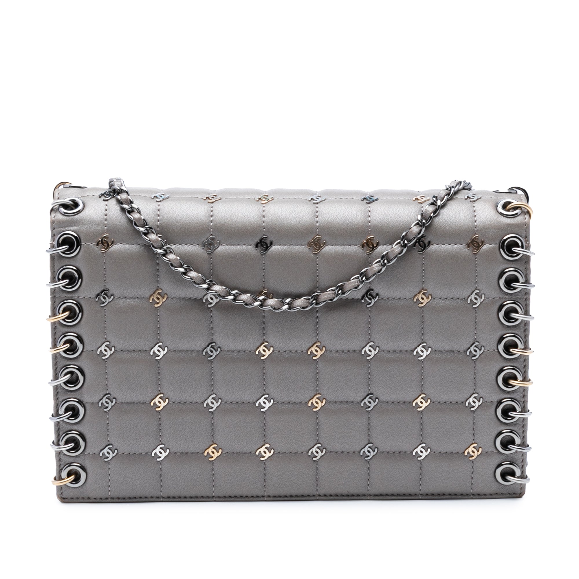 Small Lambskin Chocolate Bar CC Piercing Studded Chain Flap - Image 1