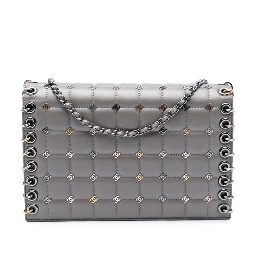 Small Lambskin Chocolate Bar CC Piercing Studded Chain Flap - Image 1