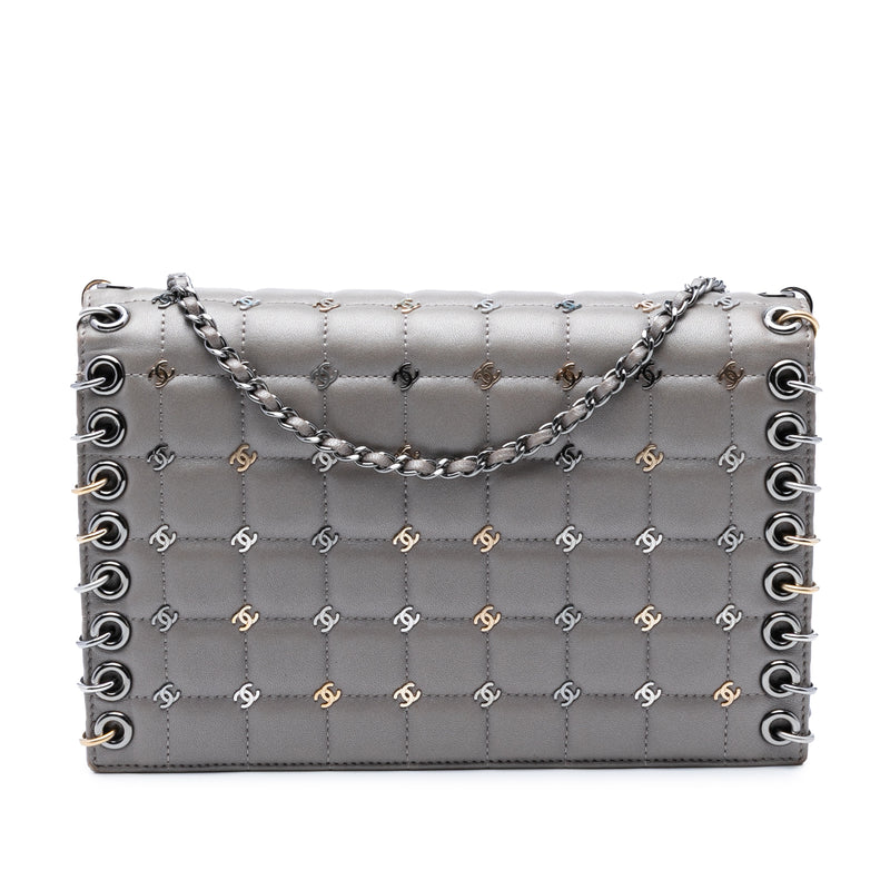 Small Lambskin Chocolate Bar CC Piercing Studded Chain Flap