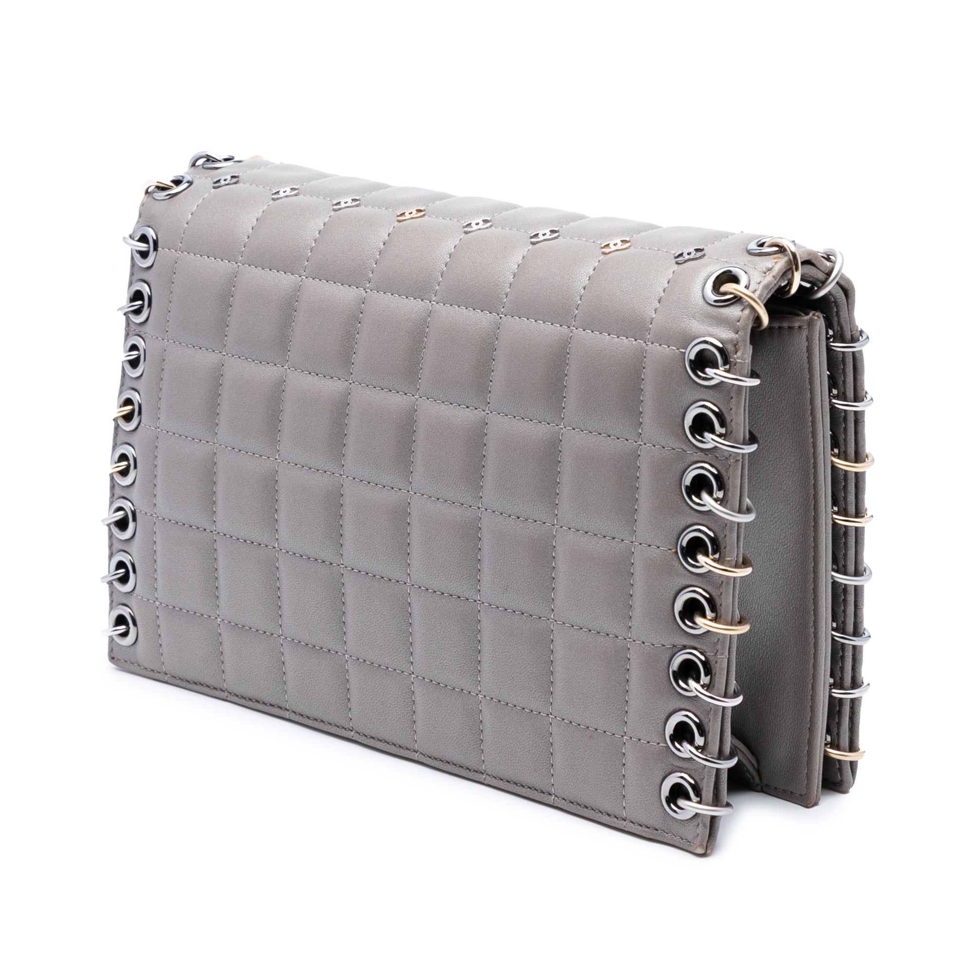 Small Lambskin Chocolate Bar CC Piercing Studded Chain Flap - Image 2