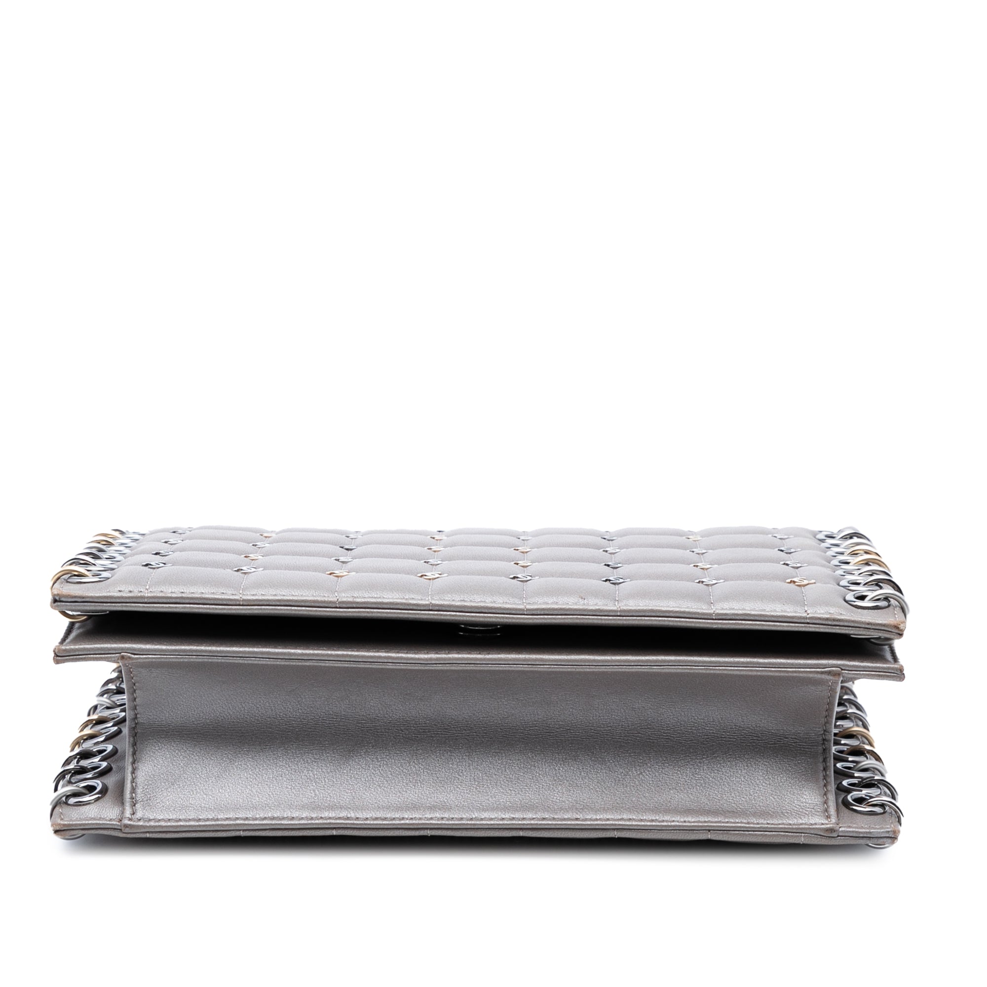 Small Lambskin Chocolate Bar CC Piercing Studded Chain Flap - Image 3