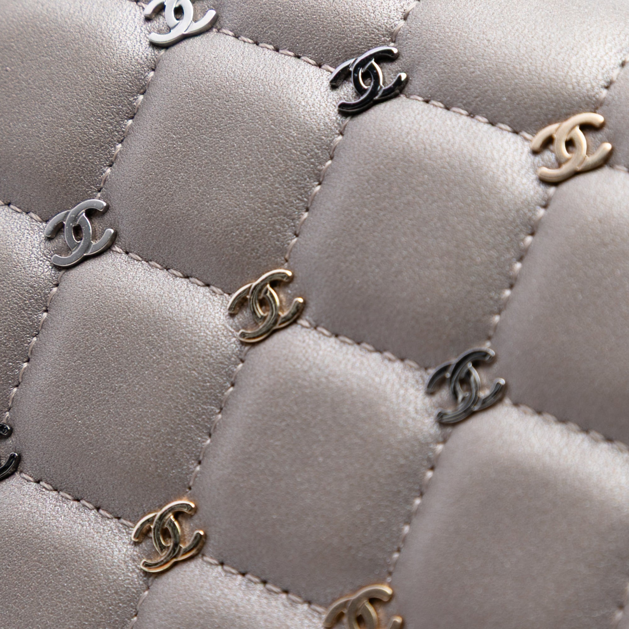 Small Lambskin Chocolate Bar CC Piercing Studded Chain Flap - Image 7