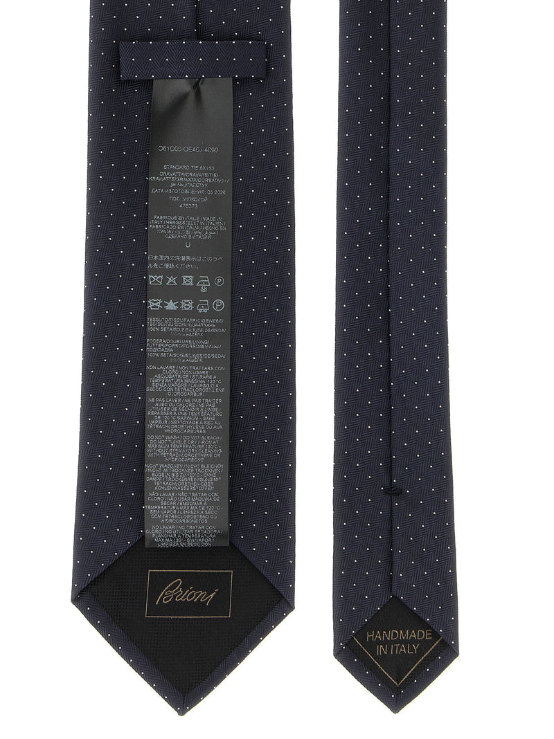 Brioni Herringbone Silk With Micro-Polka Dot Necktie — Navy Pure Neckties