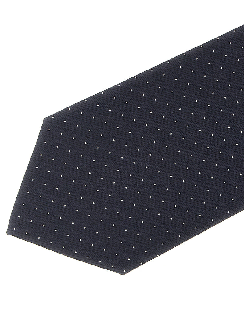 Brioni Herringbone Silk With Micro-Polka Dot Necktie — Navy Pure Neckties