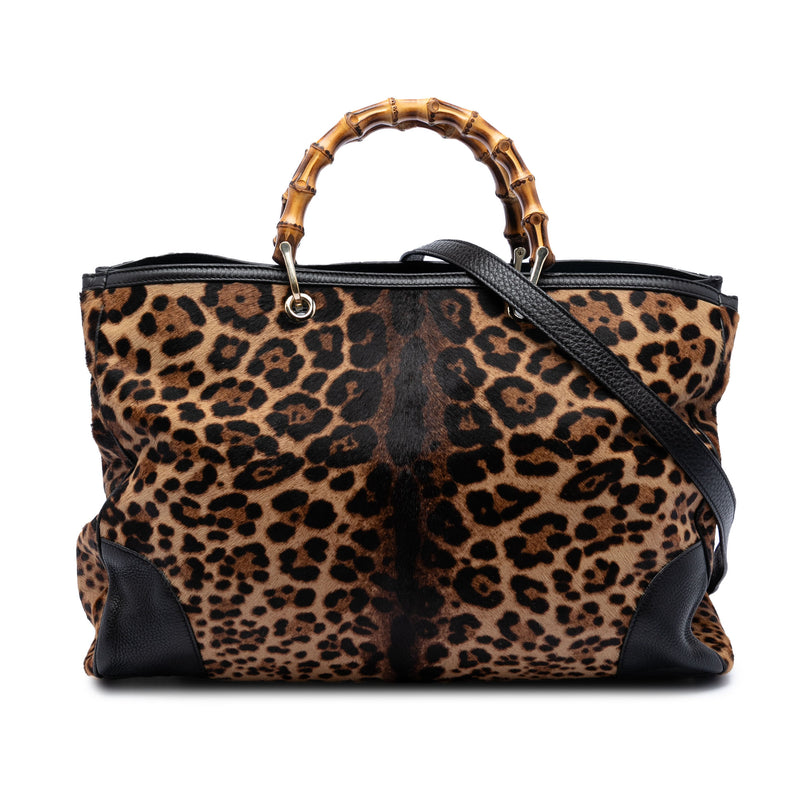 Large Pony Hair Leopard Print Bamboo Shopper Tote