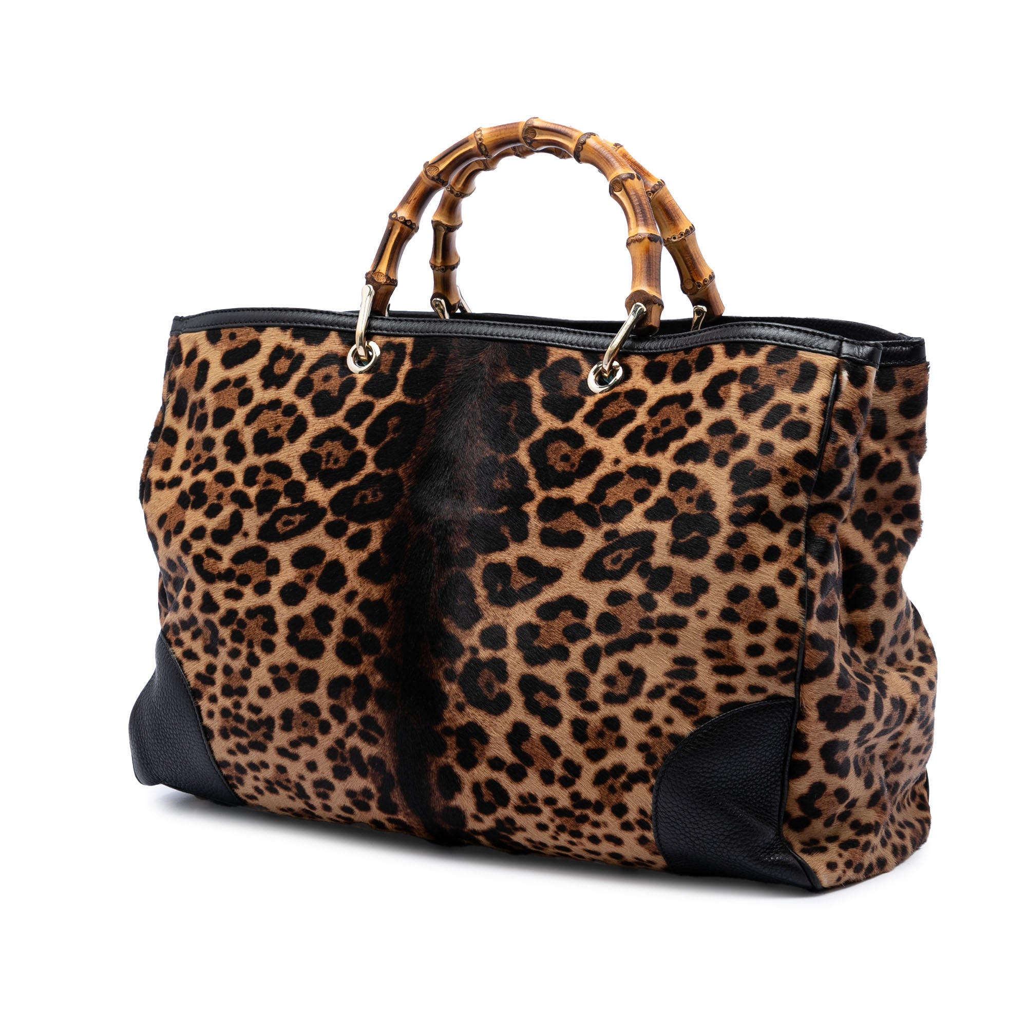 Large Pony Hair Leopard Print Bamboo Shopper Tote - Image 2