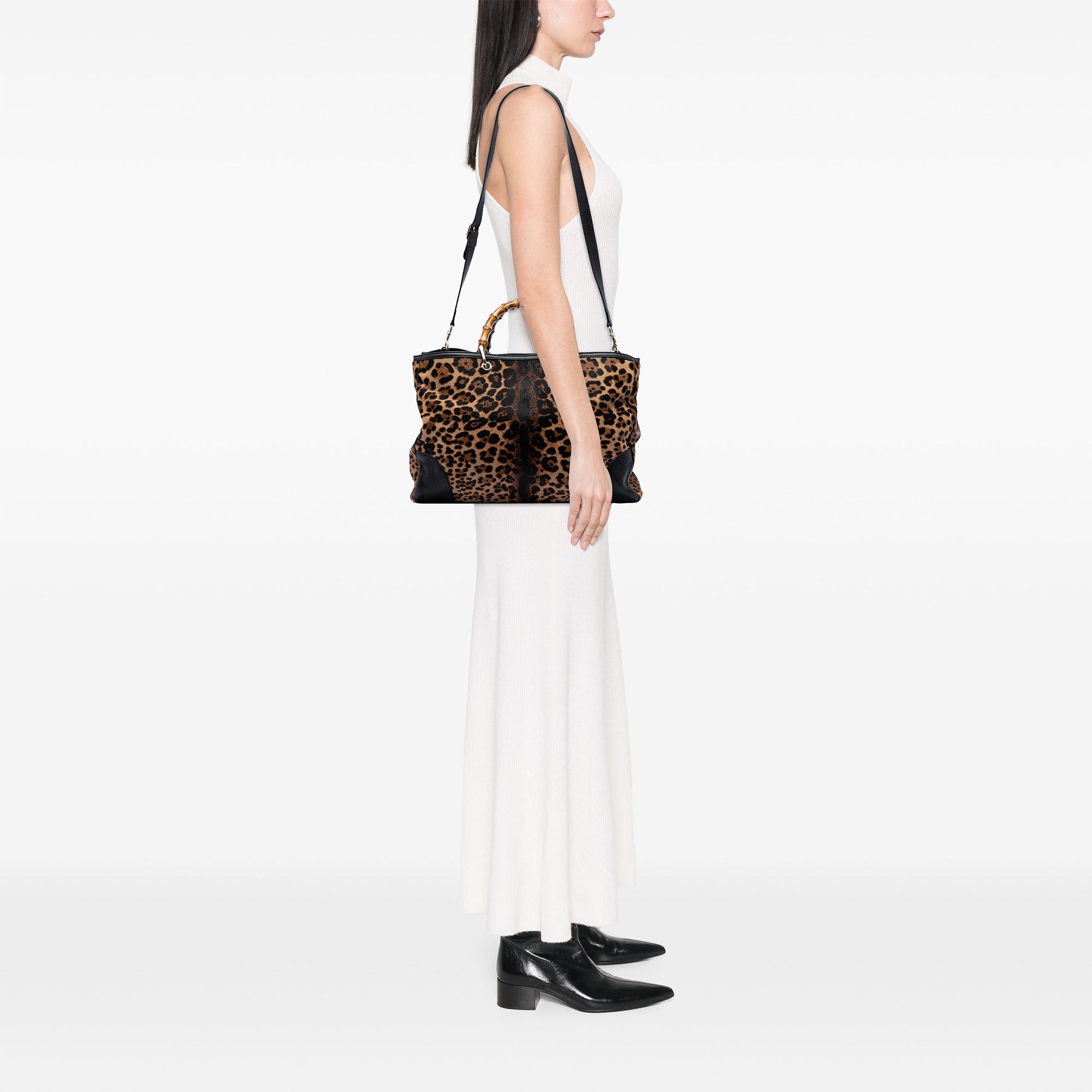 Large Pony Hair Leopard Print Bamboo Shopper Tote - Image 5