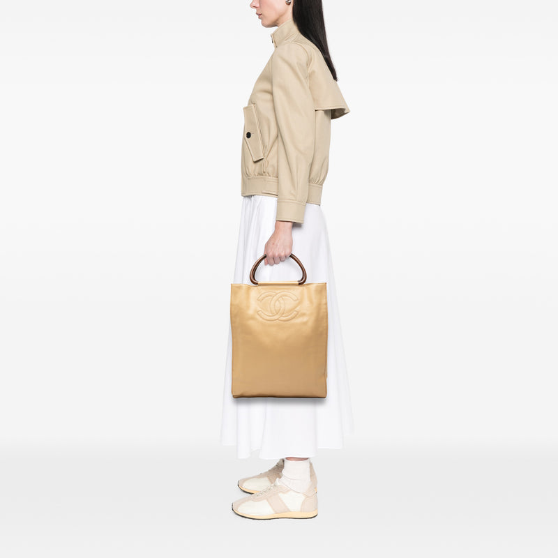 CC Caviar Wood Top Handle Tote Bag - Image 7