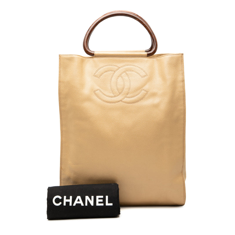 CC Caviar Wood Top Handle Tote Bag - Image 8