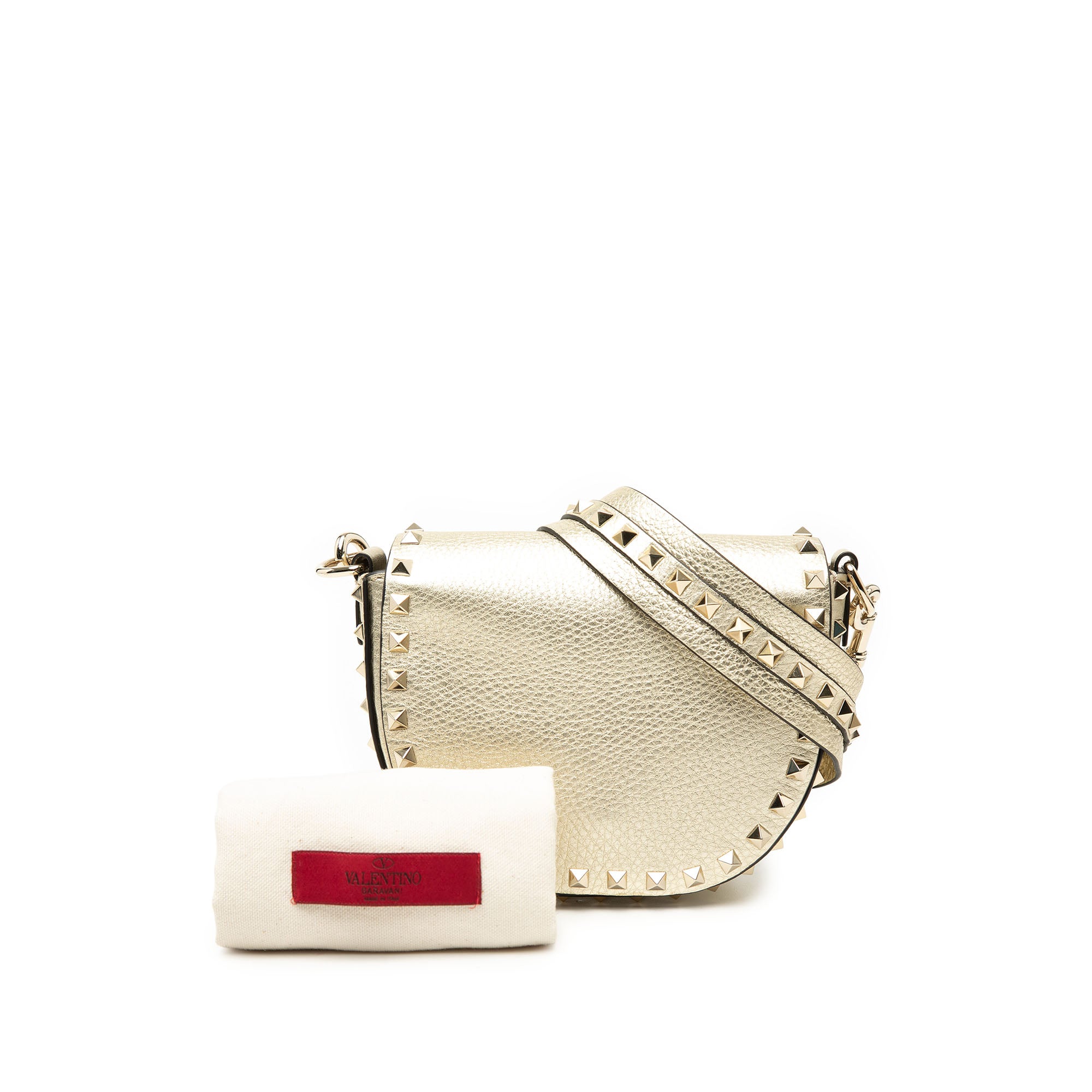 Metallic Grained Calfskin Rockstud Saddle Crossbody - Image 8