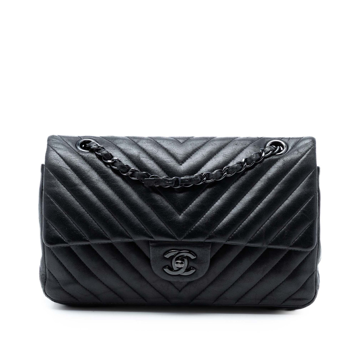 Medium Classic Chevron Lambskin So Black Double Flap - Image 1