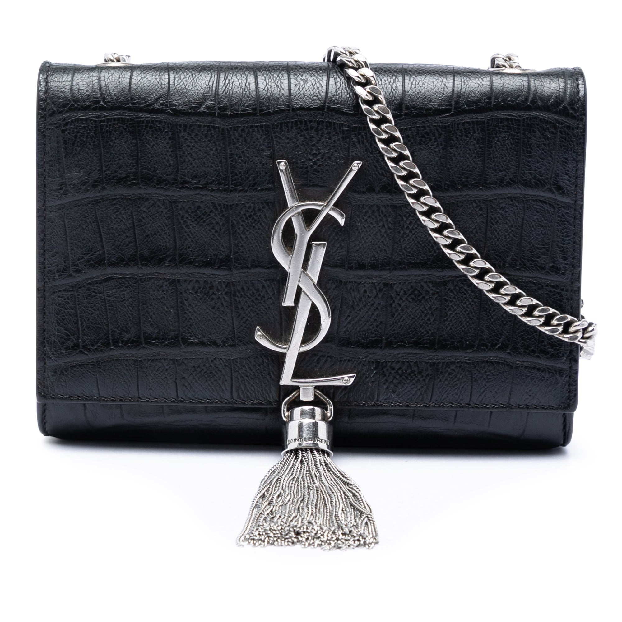 Small Croc Embossed Leather Monogram Kate Tassel Crossbody - Image 1