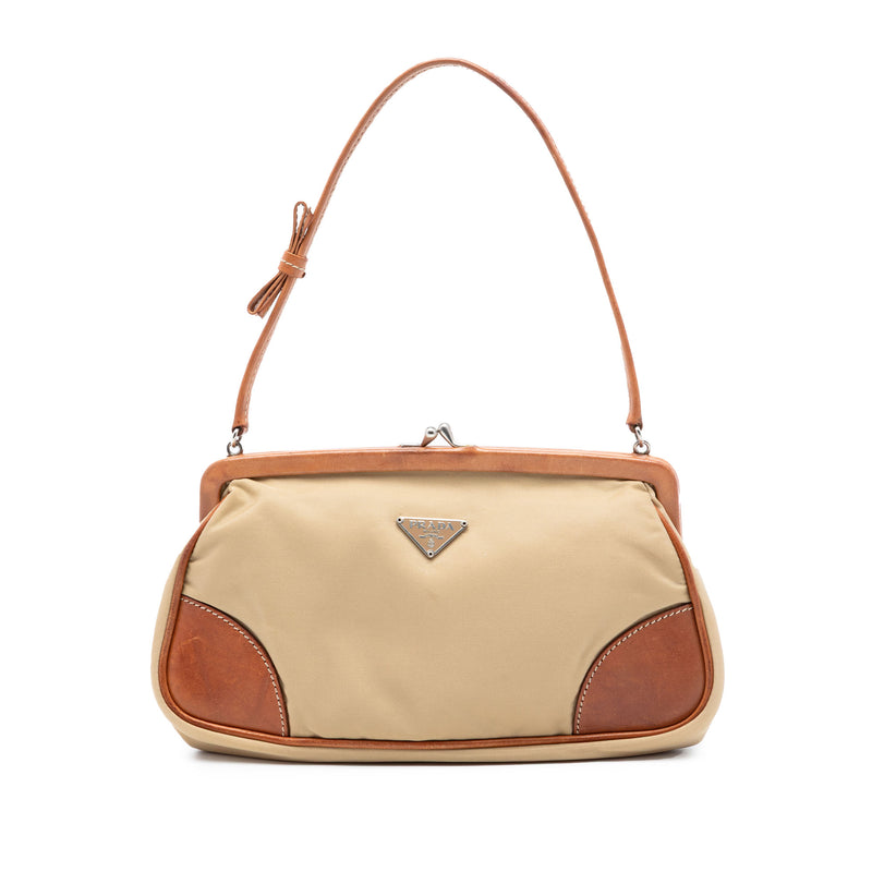 Leather Trimmed Tessuto Kisslock Frame Pochette