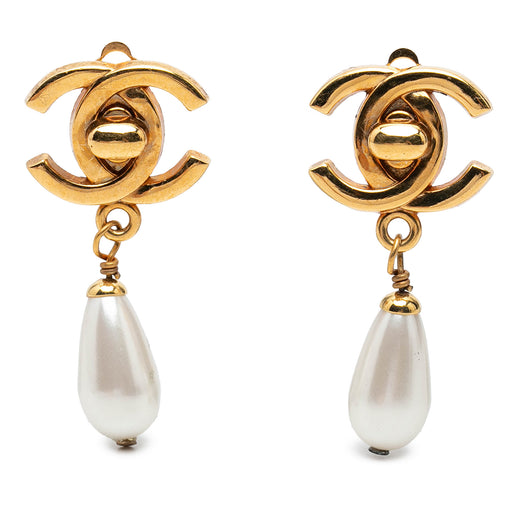 CC Gold Plated Faux Pearl Drop Turn Lock Clip On Earrings - Image 1