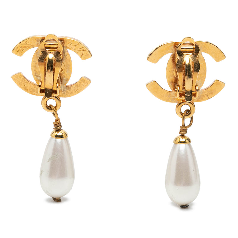 CC Gold Plated Faux Pearl Drop Turn Lock Clip On Earrings - Image 2