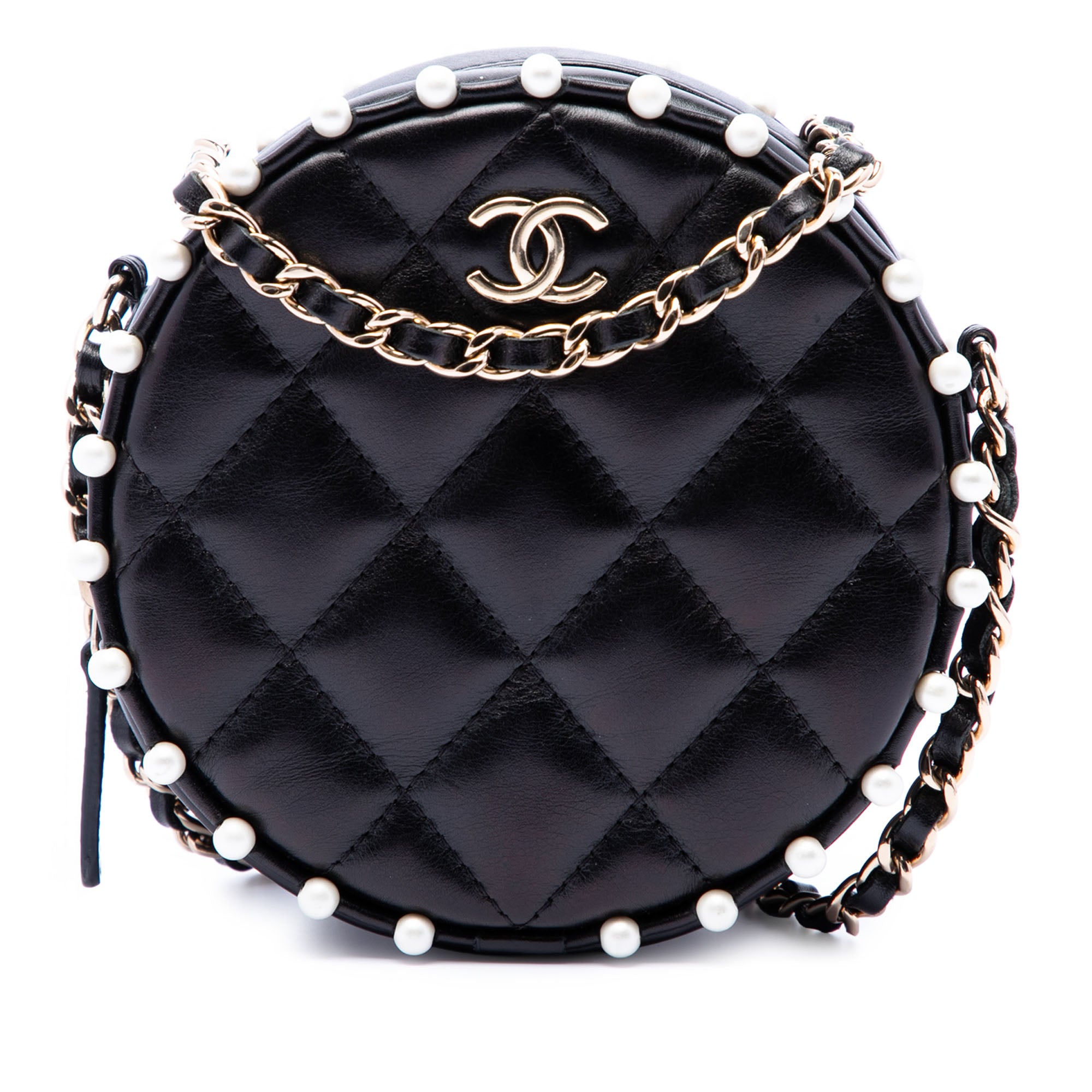 Quilted Calfskin Pearl Studded Round Clutch with Chain - Image 1