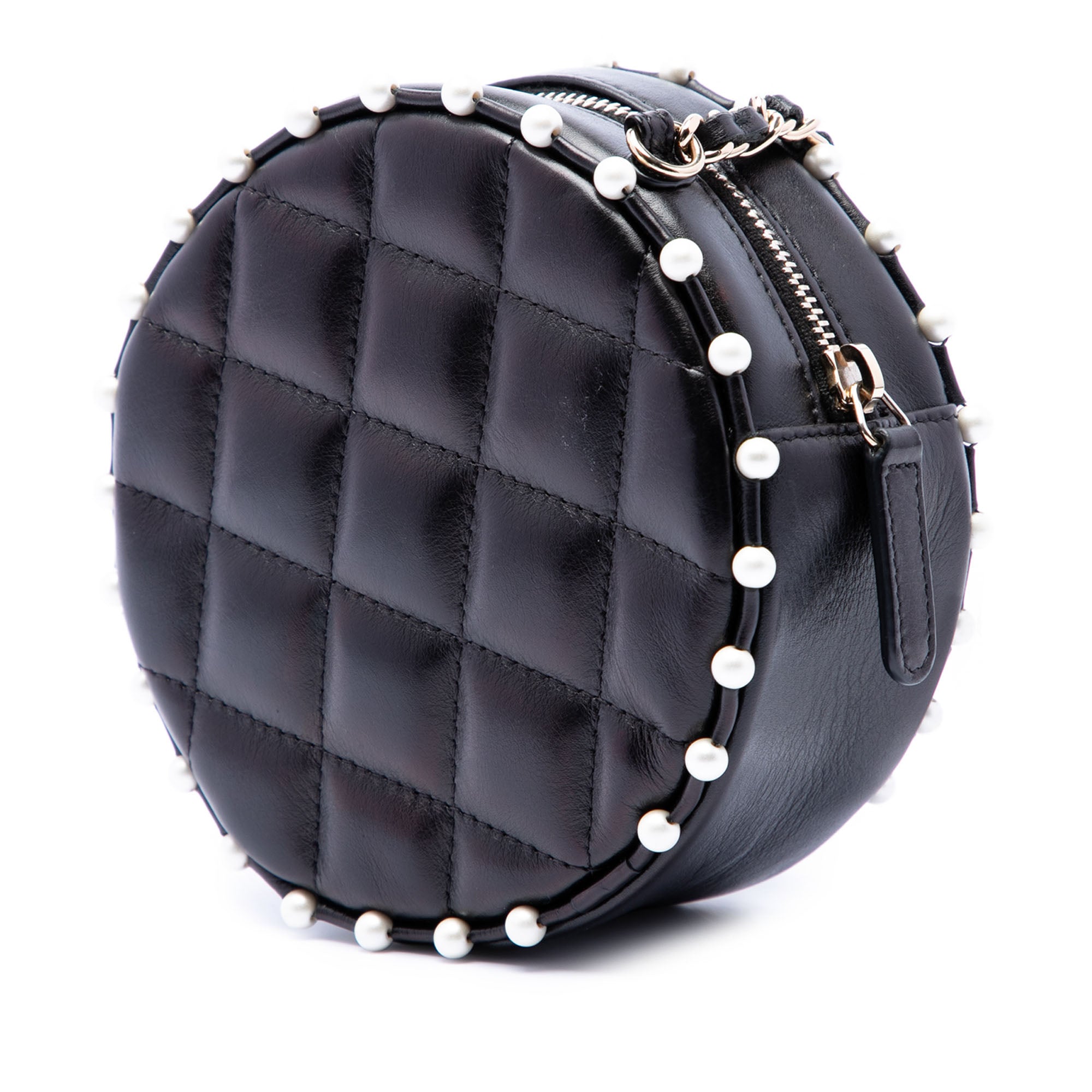 Quilted Calfskin Pearl Studded Round Clutch with Chain - Image 2