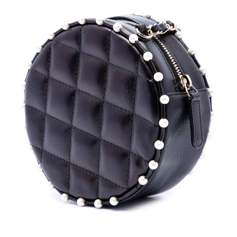 Quilted Calfskin Pearl Studded Round Clutch with Chain - Image 2