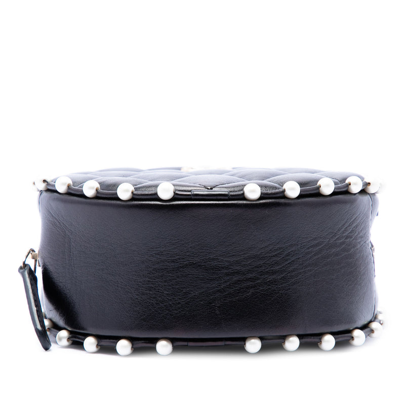 Quilted Calfskin Pearl Studded Round Clutch with Chain - Image 3
