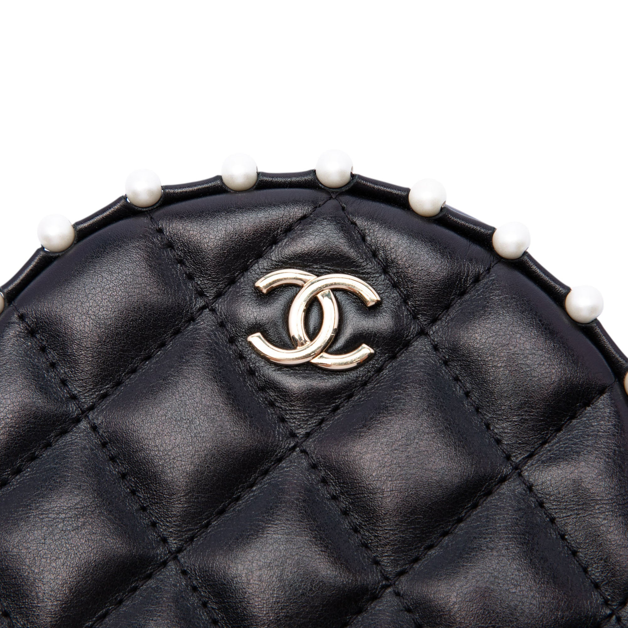 Quilted Calfskin Pearl Studded Round Clutch with Chain - Image 5