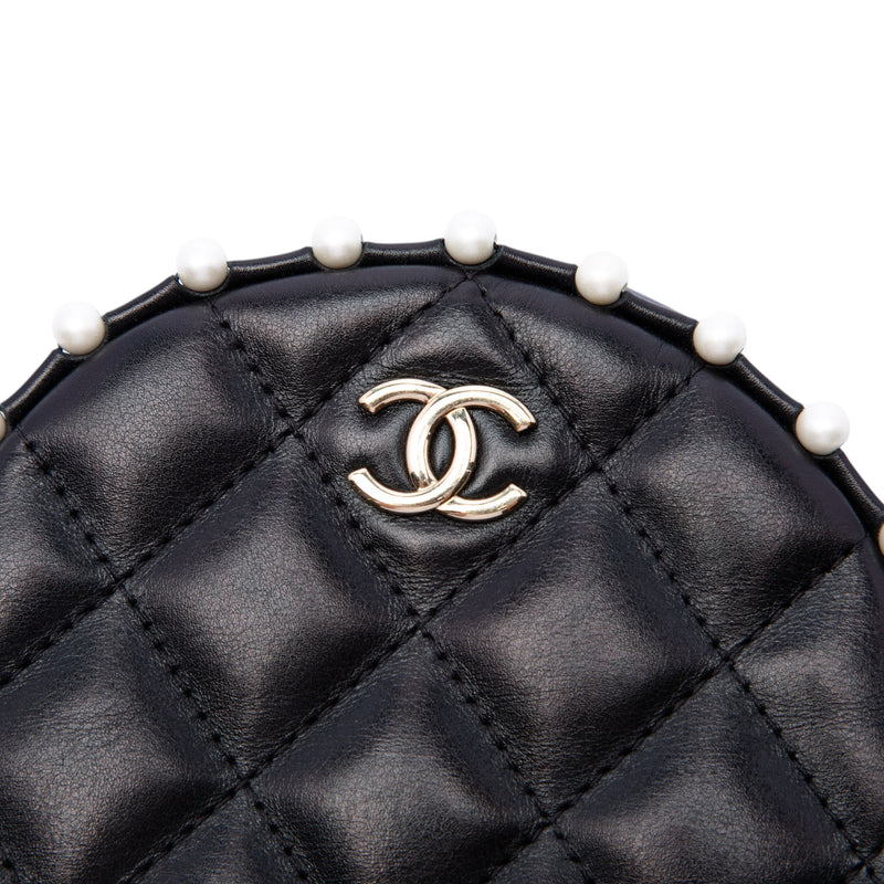 Quilted Calfskin Pearl Studded Round Clutch with Chain - Image 5