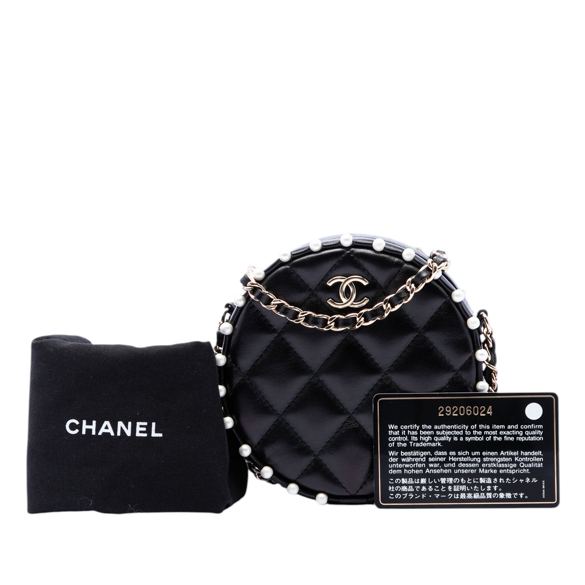 Quilted Calfskin Pearl Studded Round Clutch with Chain - Image 7