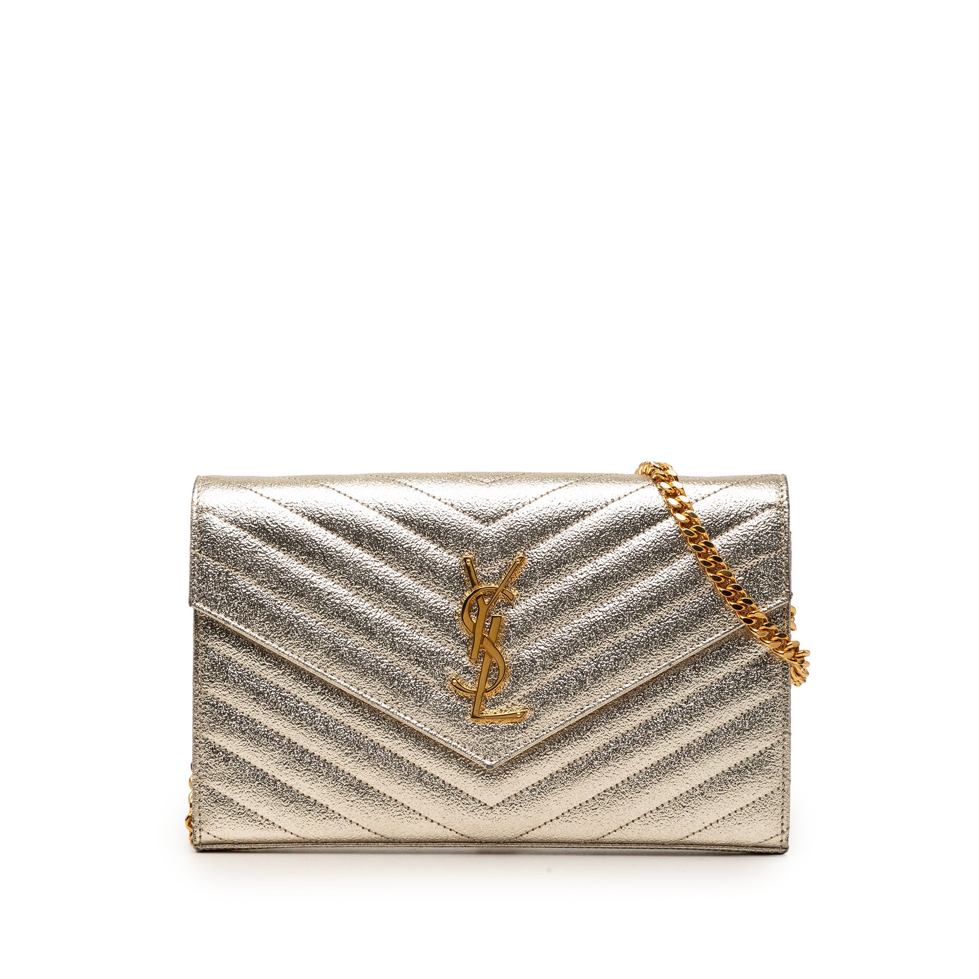 Metallic Grain De Poudre Matelasse Chevron Monogram Chain Wallet - Image 1