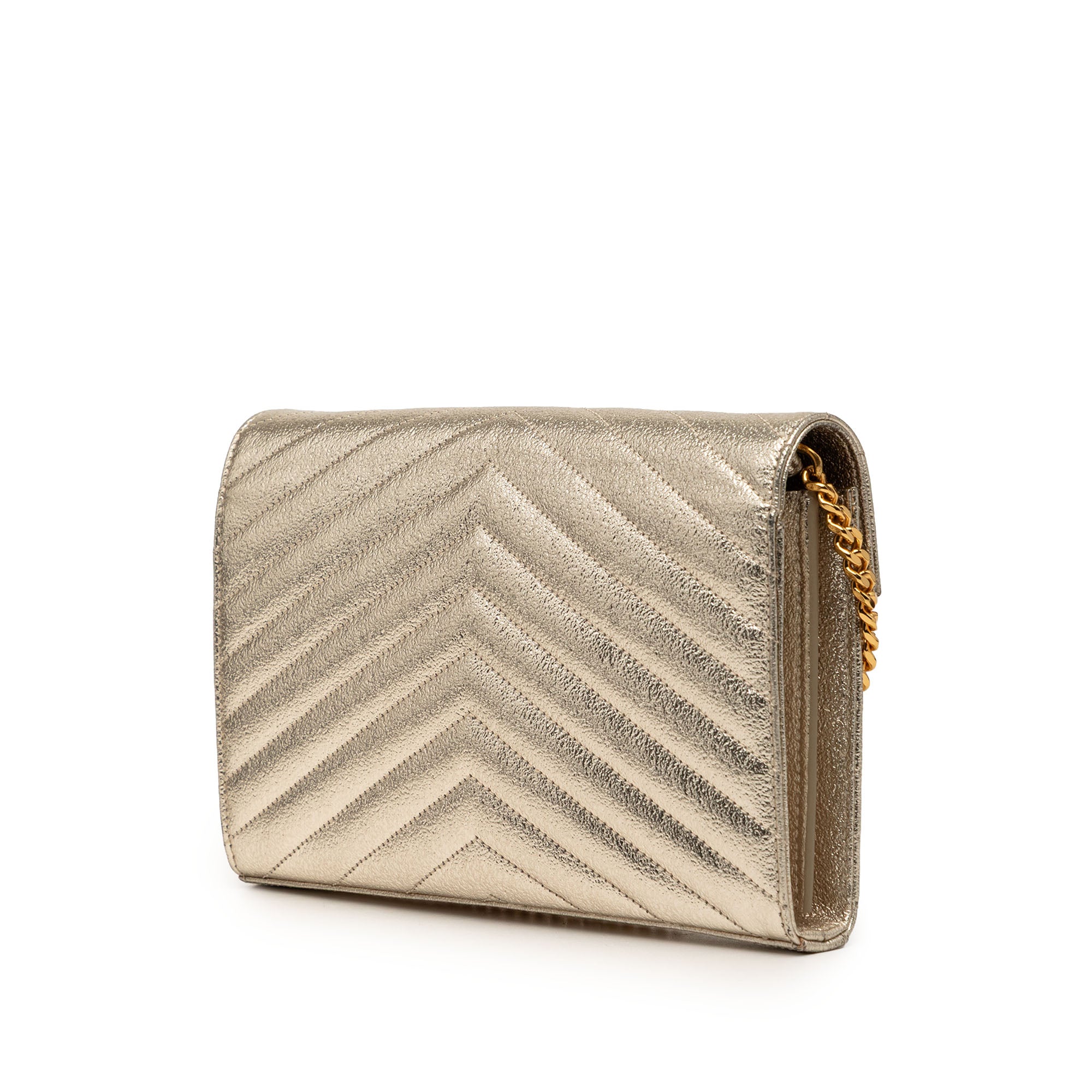 Metallic Grain De Poudre Matelasse Chevron Monogram Chain Wallet - Image 2