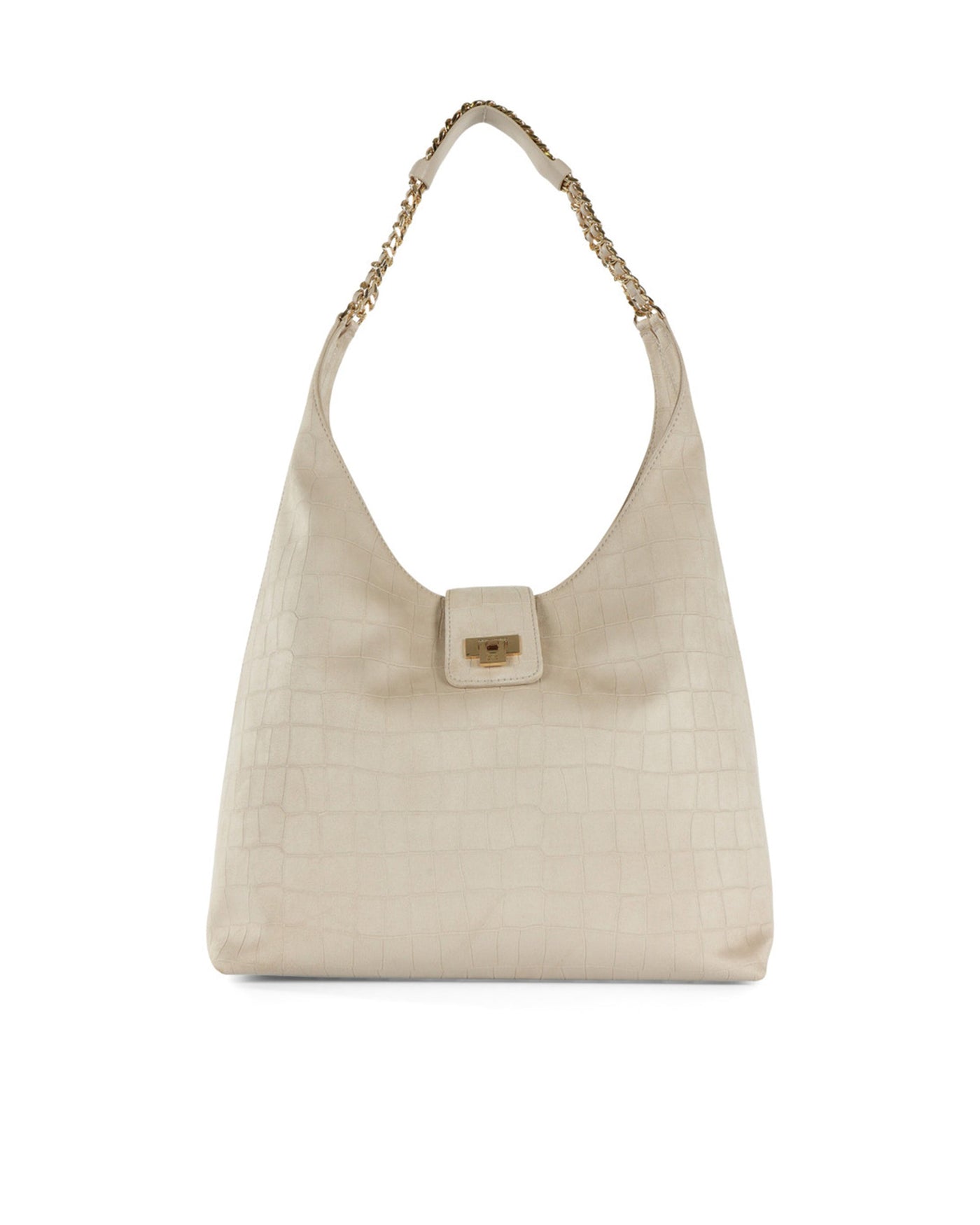 Elisabetta Franchi Crocodile-Embossed Suede Hobo Bag — Beige Shell: Polyester