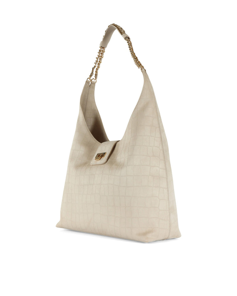 Elisabetta Franchi Crocodile-Embossed Suede Hobo Bag — Beige Shell: Polyester