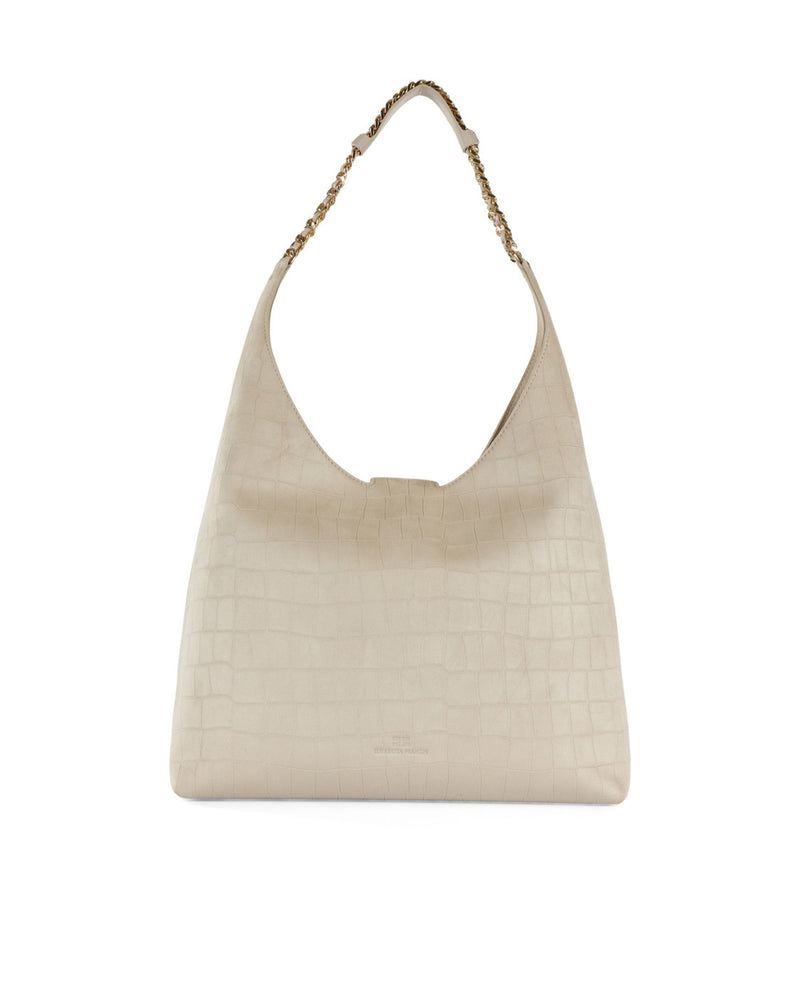 Elisabetta Franchi Crocodile-Embossed Suede Hobo Bag — Beige Shell: Polyester