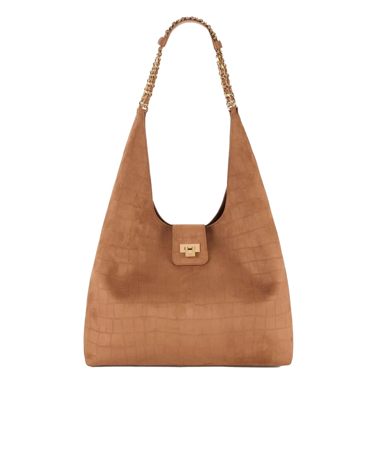 Elisabetta Franchi Crocodile-Embossed Suede Hobo Bag — Tan Polyester