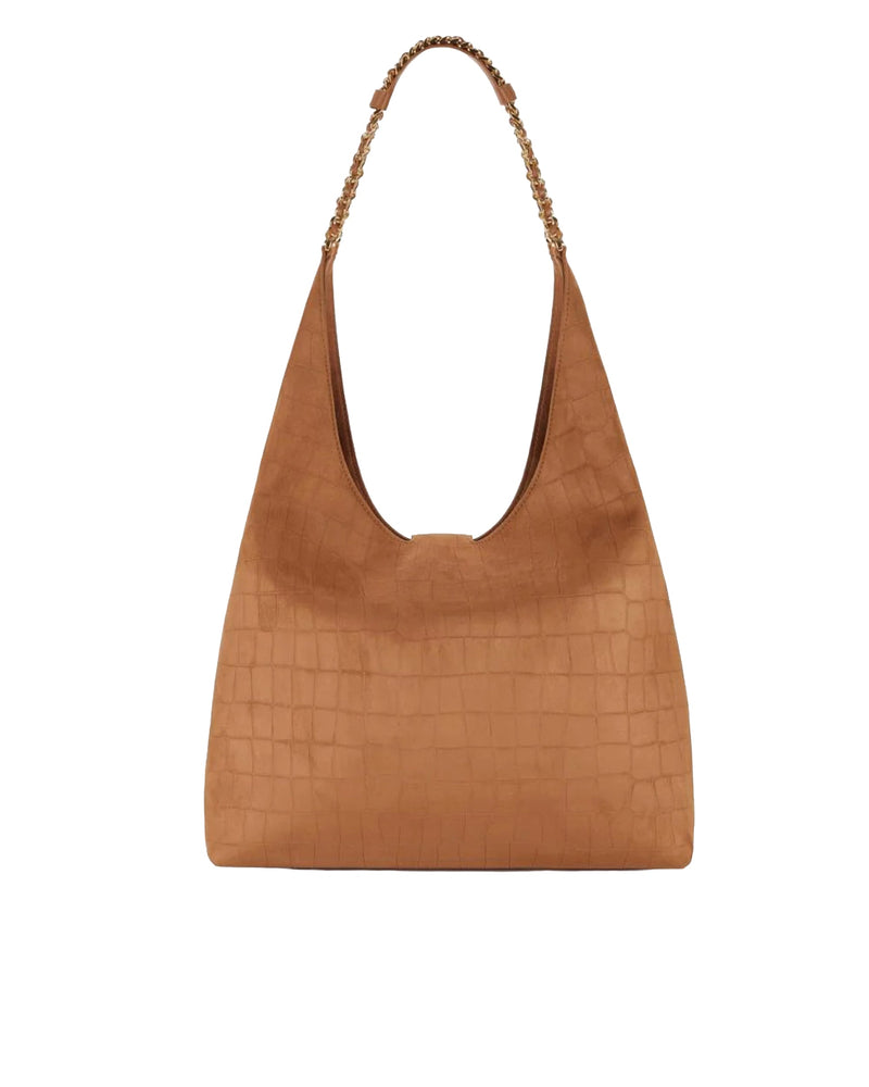 Elisabetta Franchi Crocodile-Embossed Suede Hobo Bag — Tan Polyester