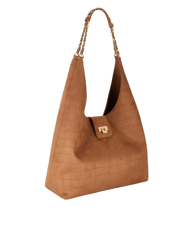Elisabetta Franchi Crocodile-Embossed Suede Hobo Bag — Tan Polyester