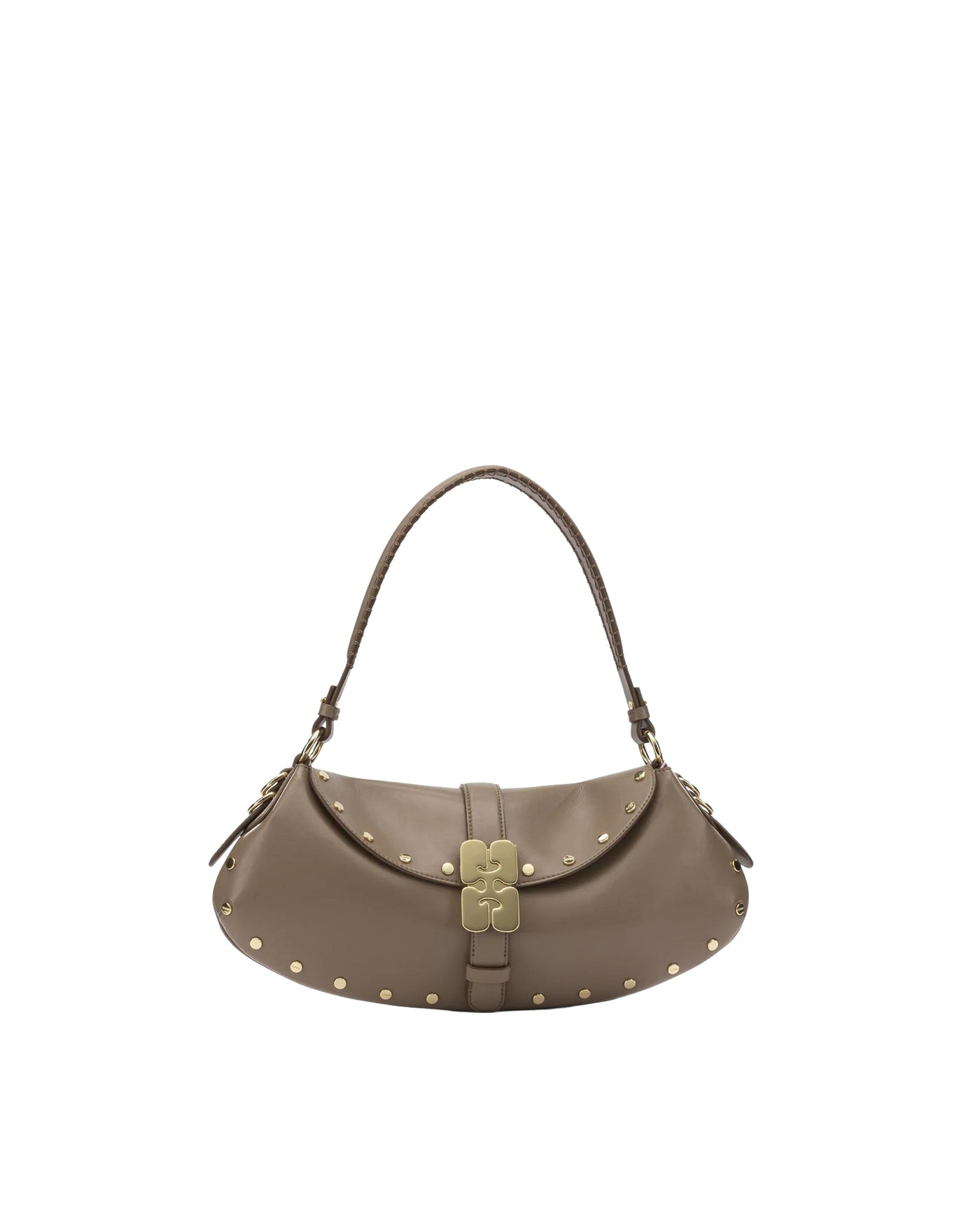 Ganni Studded Recycled Leather Shoulder Bag — Brown